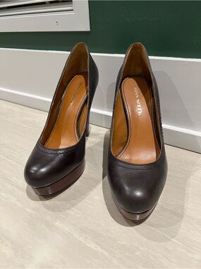 Miss Sixty Black Leather Platform Pumps with Brown Stacked Heel